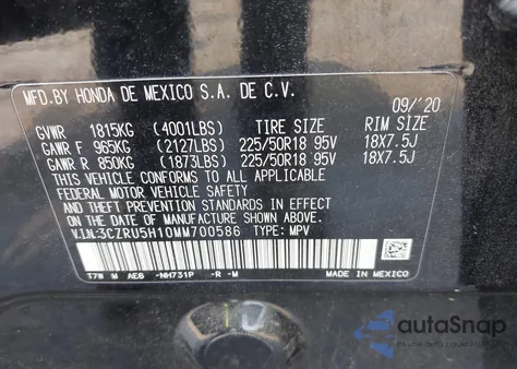 2021 Honda Hr-V 2Wd Sport из США, поврежденный, VIN 3CZRU5H10MM700586